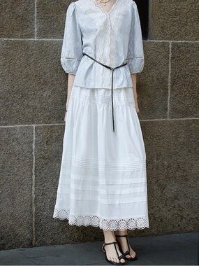 Elegant White Cotton Lightweight A-Line Maxi Skirt with Lace Trim